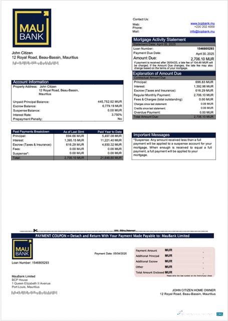 Download Mauritius MauBank Limited mortgage statement Word and PDF template Photoshop template